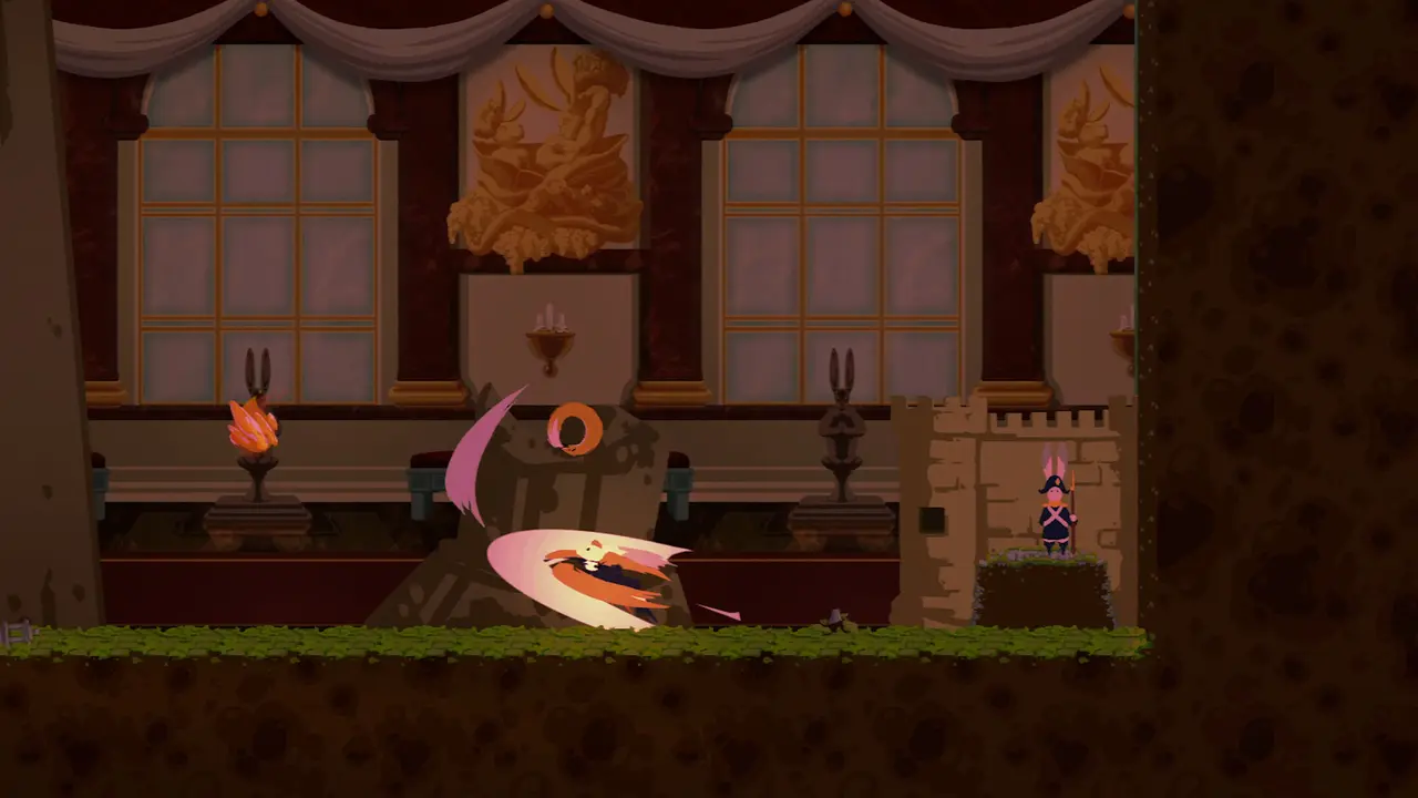 Arc attack inside a palace hall with tall windows, curtains and golden rabbit statues.