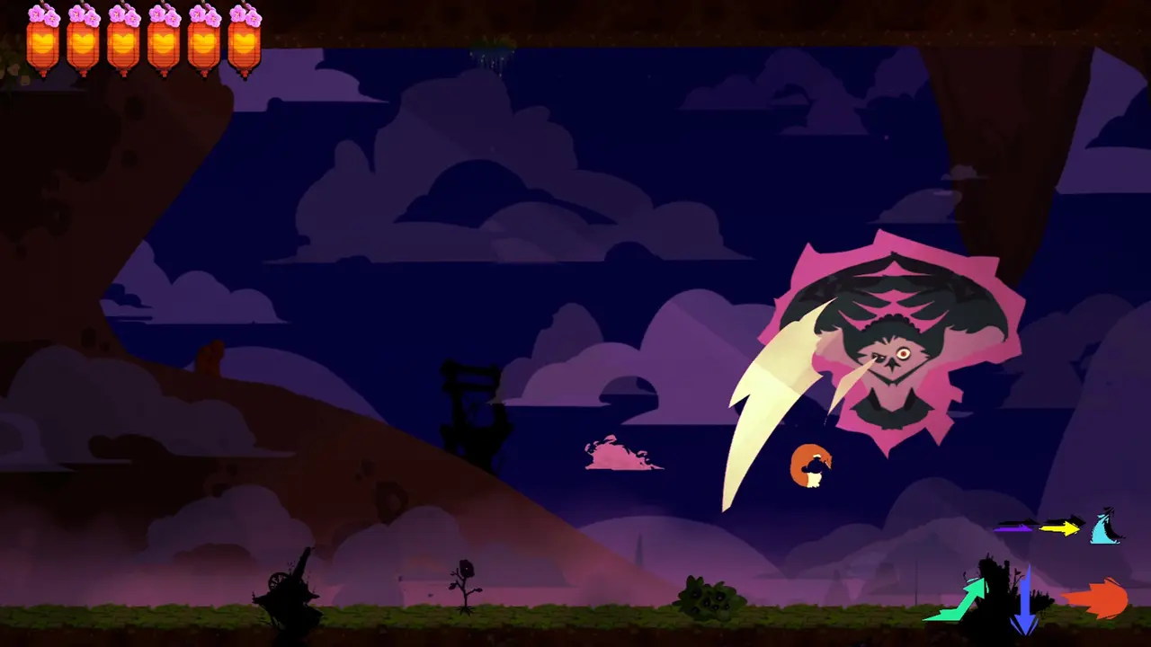 Fight against a winged boss that emerges from a pink portal and launches a blade-shaped strike across a purple sky.