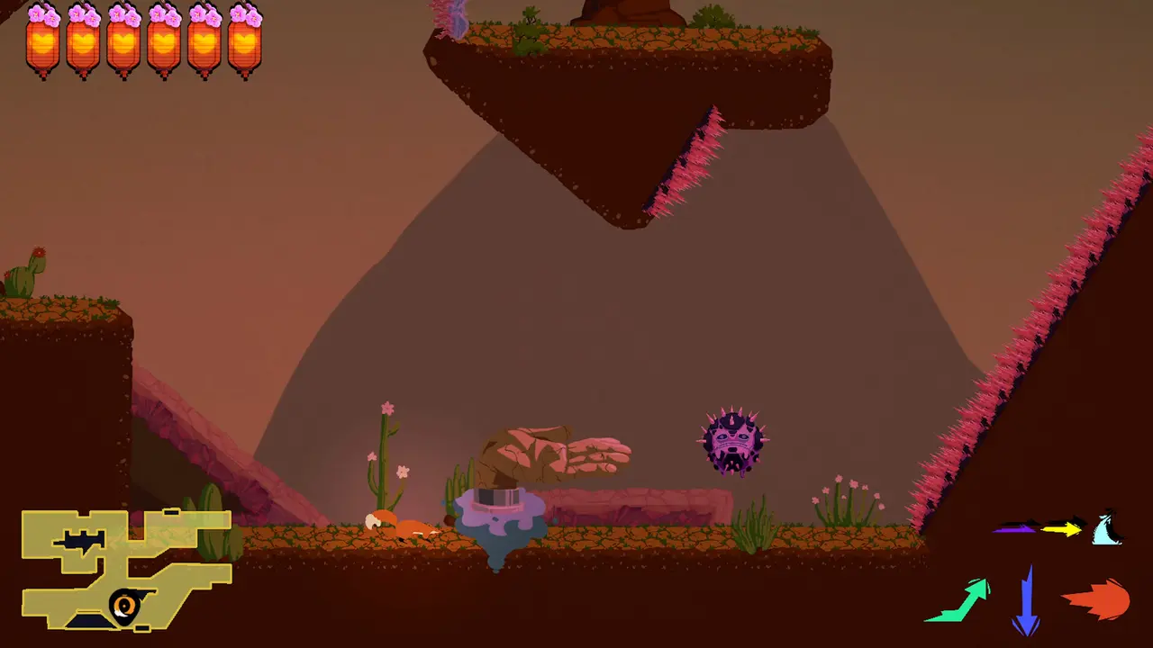Reddish desert with a floating island, walls of spikes and a spiky enemy.