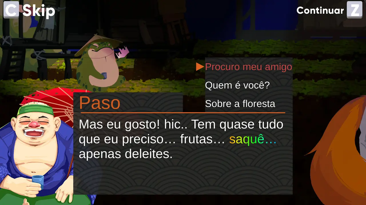 Dialogue with Paso, a character in a straw hat holding a cup of sake, with answer options on screen.