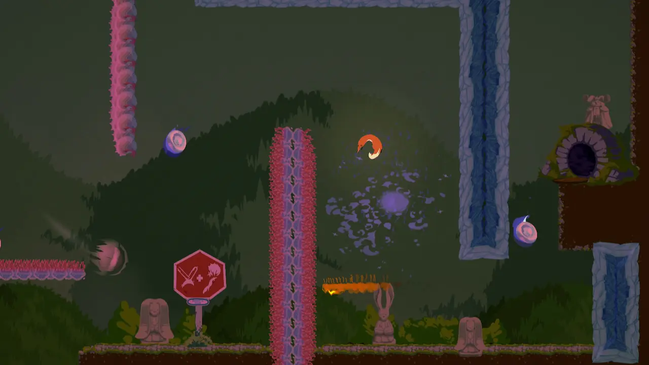 The protagonist leaps between columns covered in pink flowers in a dark forest, with floating orbs and rabbit statues on the ground.