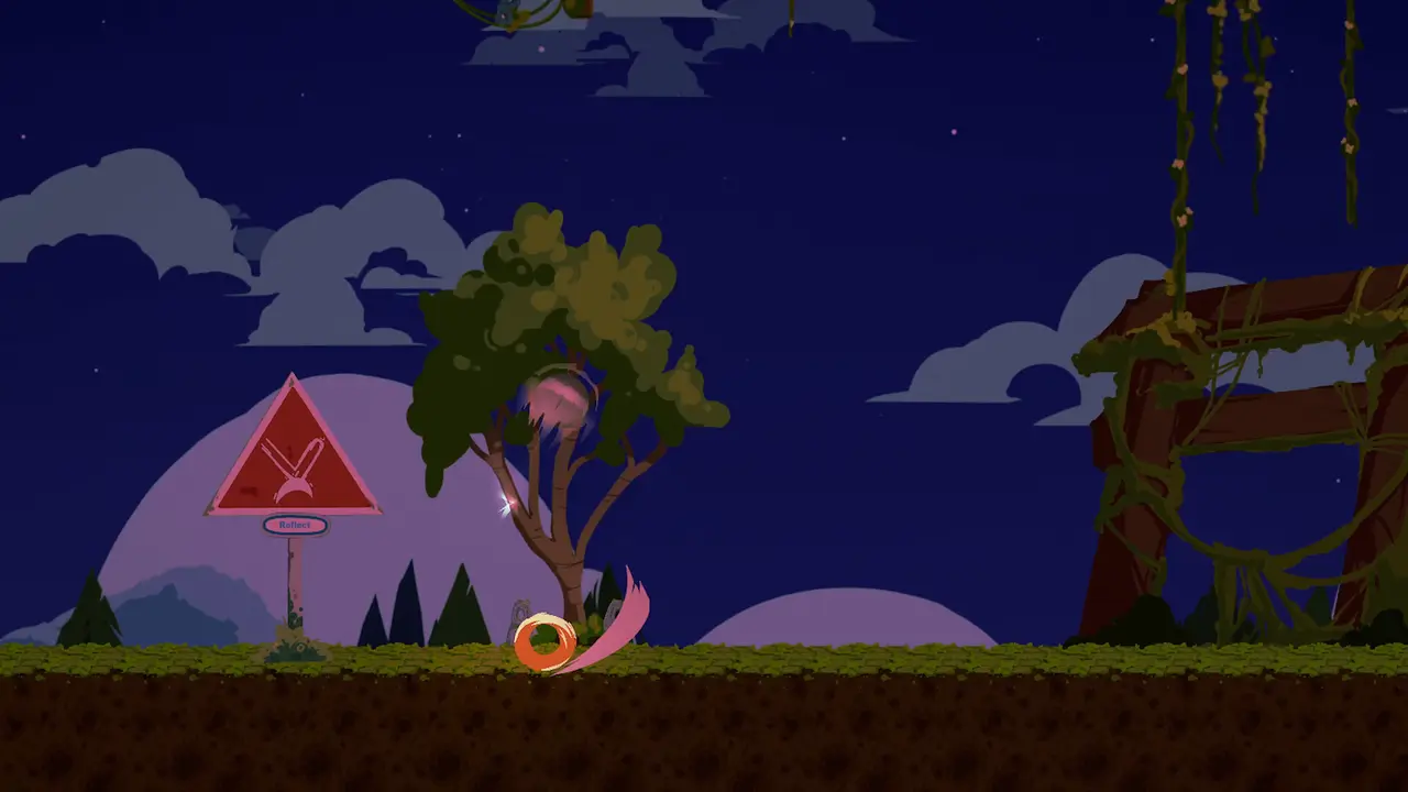 The protagonist spins at high speed across a field under a starry night sky, near a red warning sign.