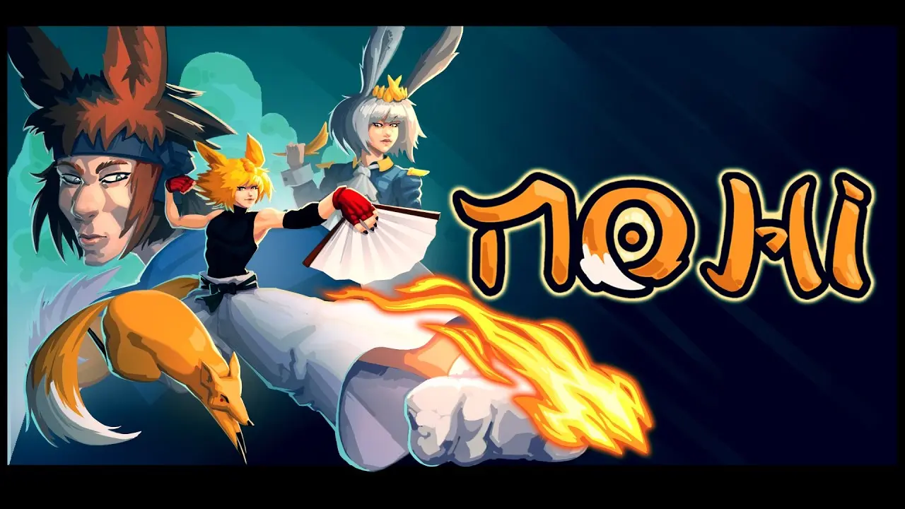 No-Hi trailer cover: the fox protagonist throws a flaming punch next to two rabbit-eared characters and the game's logo.