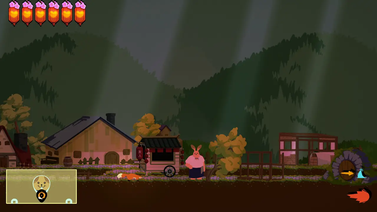 Village with wooden houses and a small stall, where a rabbit-eared villager waits, with the minimap in the corner.